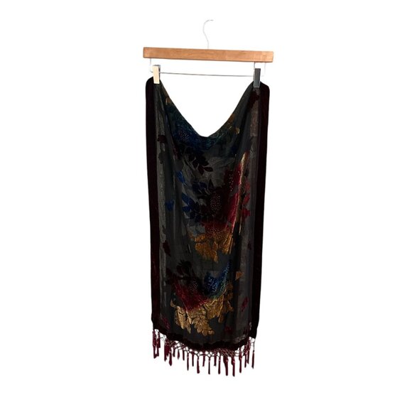 Floral Velvet Sheer Scarf With Tassels - Western Fashion 30% Silk 70% Viscose - Picture 3 of 7